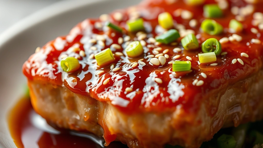detail: close-up of single piece of crispy pork with shiny sauce coating, sesame seeds and green onion garnish, shallow depth of field, photorealistic, natural light, no text