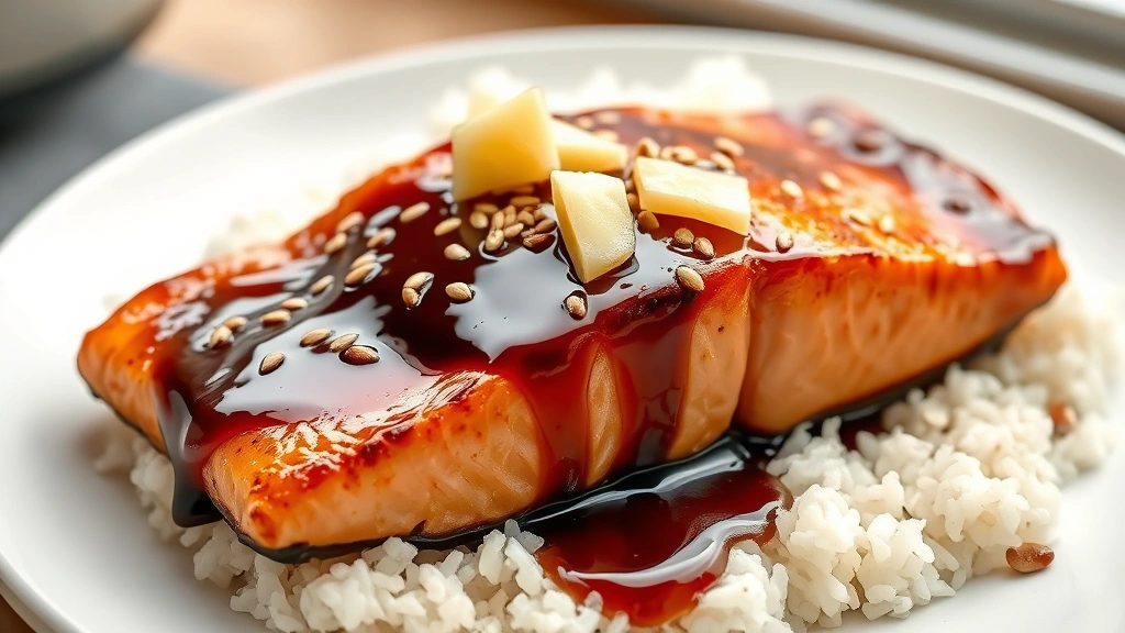 hero: glossy sweet soy glaze coating perfectly cooked salmon fillet, garnished with sesame seeds and fresh ginger, served on white plate with rice, photorealistic, natural window light, no text