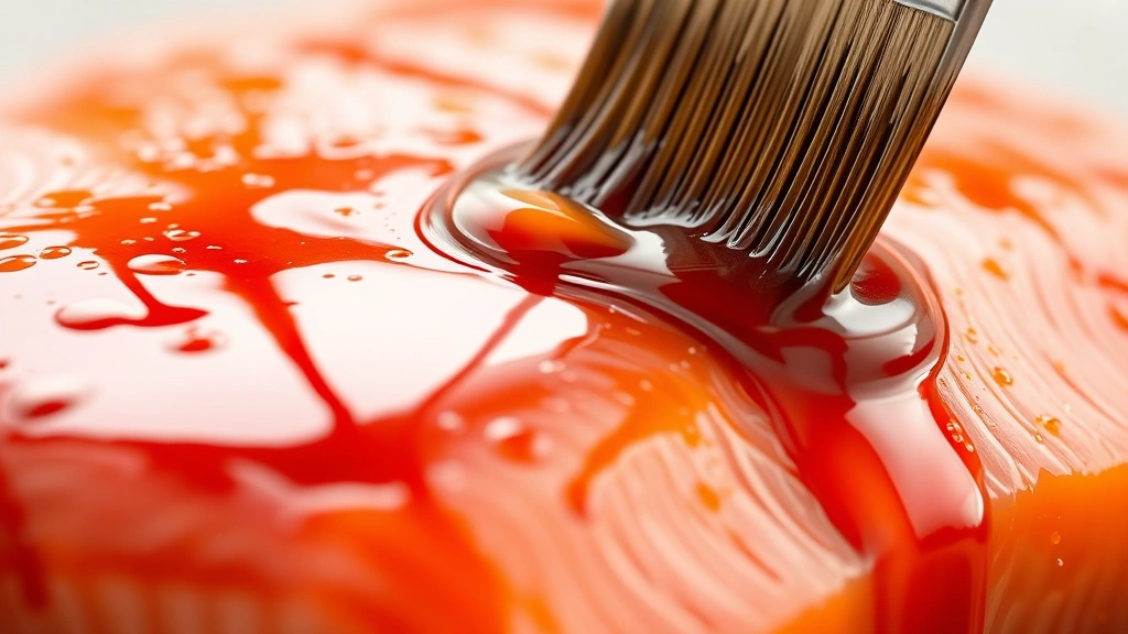 detail: close-up of glossy caramelized glaze dripping from brush onto salmon, showing rich brown color and shine, photorealistic, natural light, no text