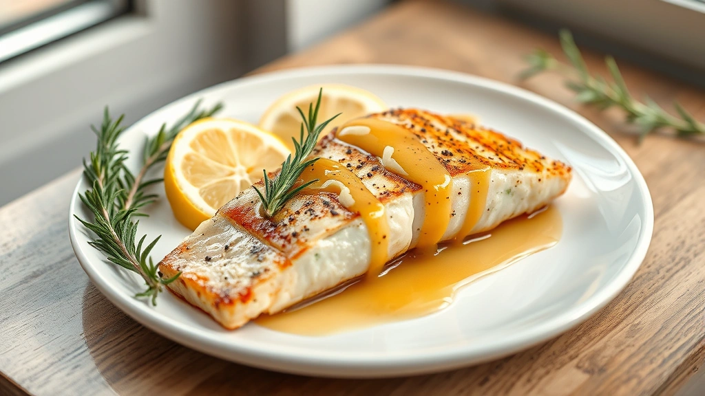 hero: golden-seared swordfish steak on white plate with fresh lemon slices, rosemary sprigs, and pan sauce drizzled on top, photorealistic, natural window light, no text