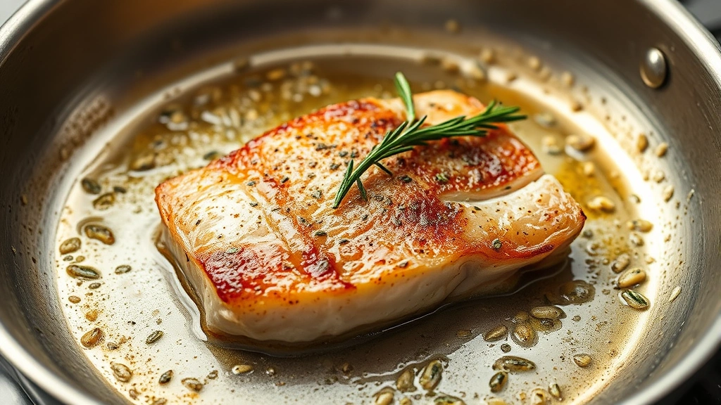 process: swordfish steak sizzling in stainless steel skillet with minced garlic and rosemary, steam rising, golden crust forming, photorealistic, natural light, no text