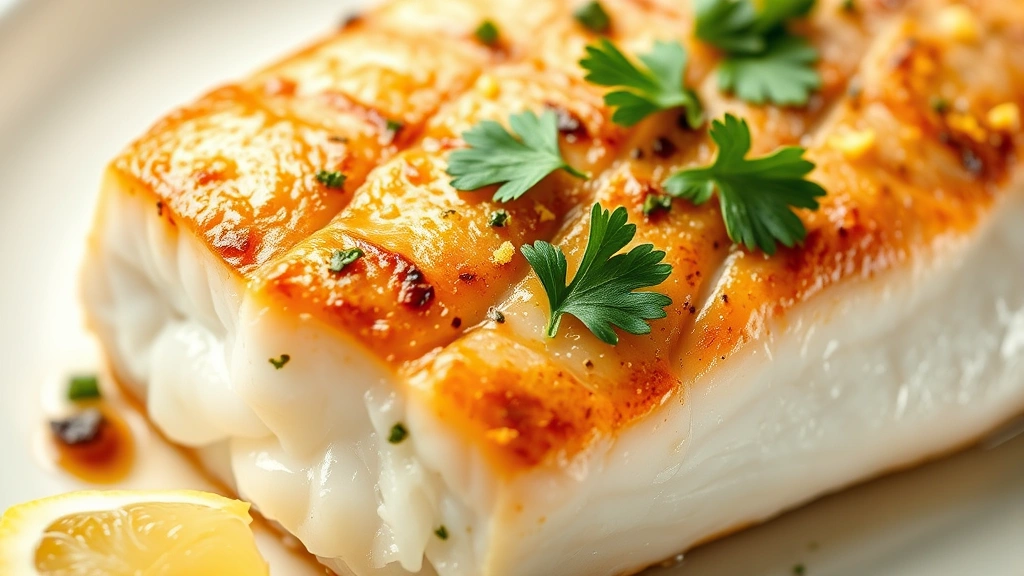 detail: close-up cross-section of perfectly cooked swordfish showing opaque flesh, golden seared exterior, fresh parsley garnish and lemon zest, photorealistic, natural light, no text