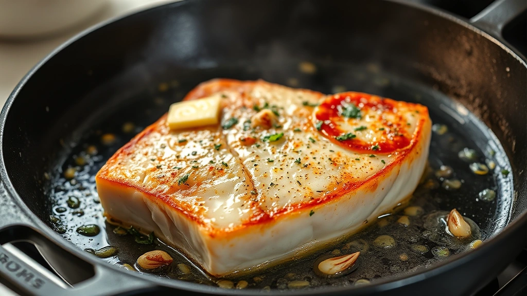 process: swordfish steak sizzling in cast iron skillet with golden crust forming, butter melting, garlic fragrant, natural kitchen lighting, action shot, no text