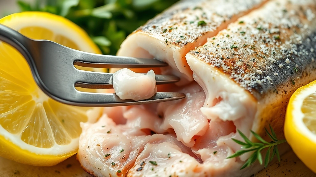 detail: close-up of swordfish flaking apart with fork showing moist tender interior, lemon wedge beside, fresh herbs scattered, shallow depth of field, natural lighting, no text