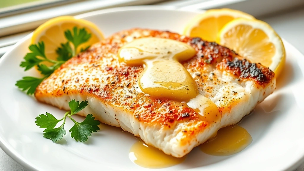 hero: perfectly seared swordfish steak with golden crust on white plate, lemon-garlic butter sauce drizzled over top, fresh parsley garnish, lemon wedges beside, natural window light, bright and appetizing, professional food photography style