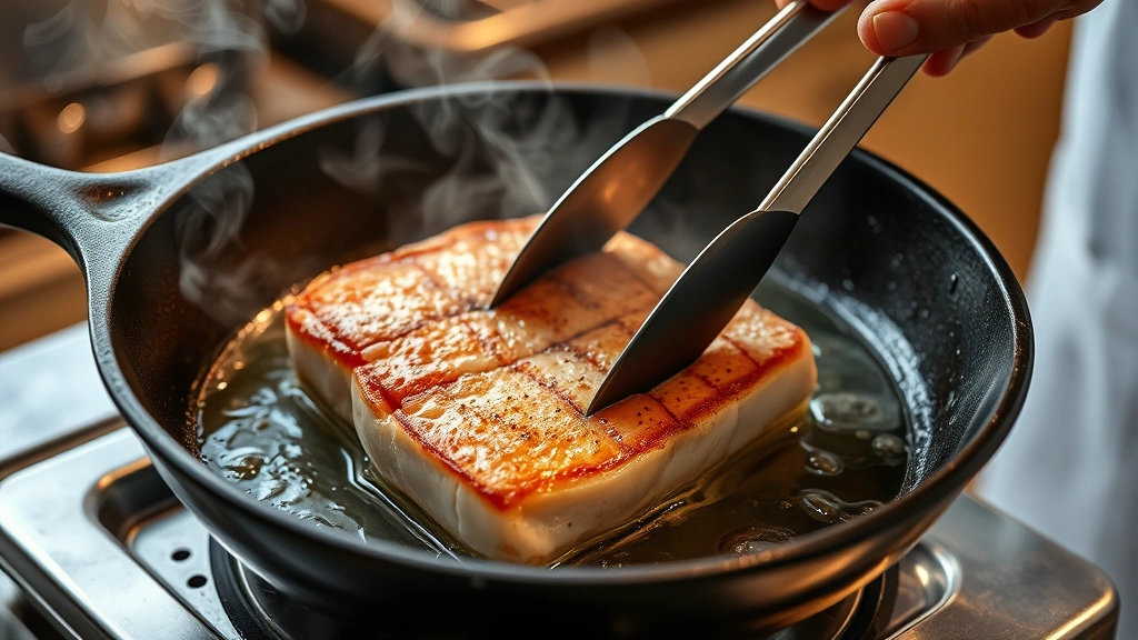 process: cast iron skillet with swordfish steak sizzling as it hits hot oil, visible steam and sear, chef using tongs to flip fish, golden crust forming, warm kitchen lighting, action shot
