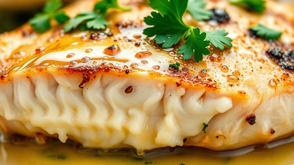detail: close-up of swordfish steak cross-section showing perfectly cooked interior, lemon-garlic butter sauce coating the fish, fresh parsley on top, moisture beads visible, shallow depth of field, macro photography style
