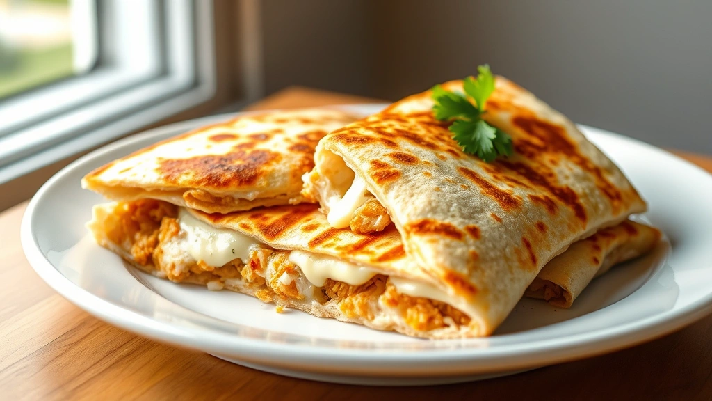 hero: golden crispy chicken quesadilla cut into triangles on white plate, melted cheese stretching, natural daylight from window, fresh cilantro garnish, no text or watermarks