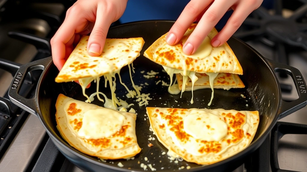 process: hands flipping quesadilla in cast iron skillet, melted cheese visible, steam rising, medium heat stovetop, natural kitchen lighting, no text