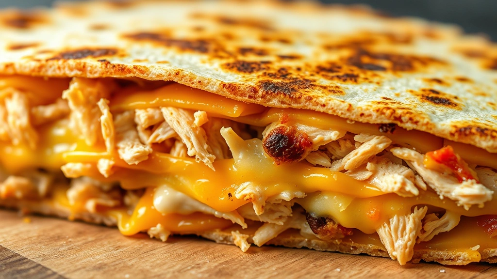detail: extreme close-up of quesadilla cross-section showing three layers of melted cheese blend and shredded chicken filling, golden tortilla exterior, natural light, shallow depth of field, no text