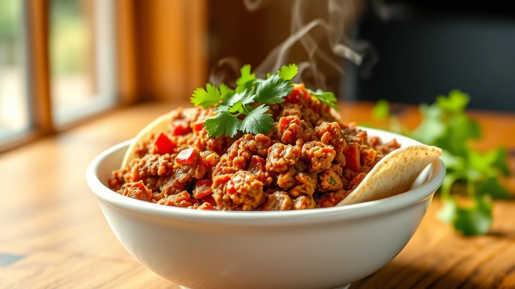 hero: close-up of seasoned ground beef taco meat in white ceramic bowl, vibrant red-brown color, steam rising, topped with cilantro garnish, natural window light, wooden table background, photorealistic, no text