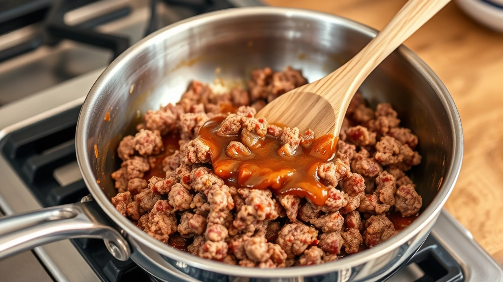 process: cooking seasoned ground beef in stainless steel skillet over stovetop, beef breaking apart with wooden spoon, glossy sauce coating meat, warm kitchen lighting, photorealistic, no text