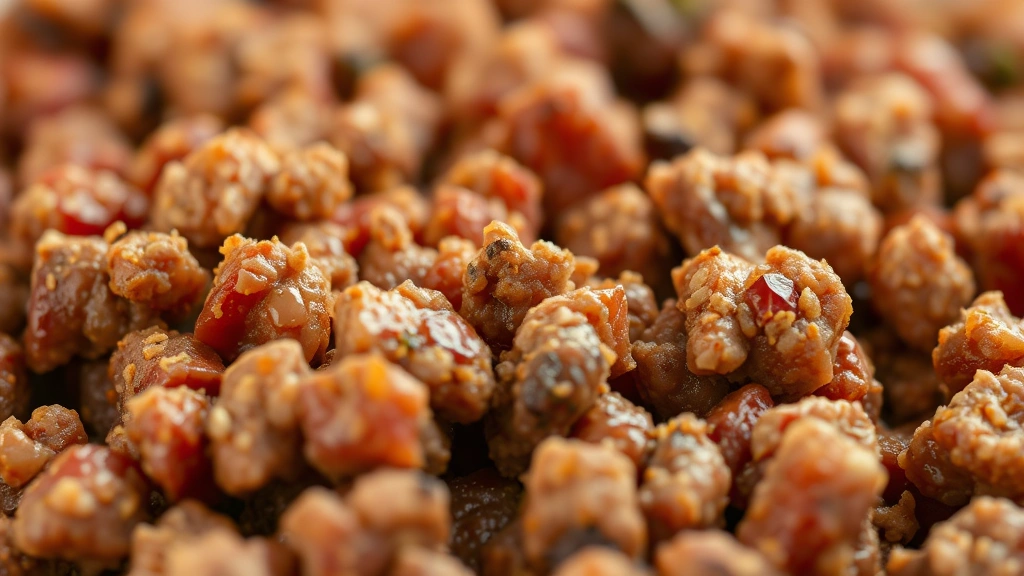 detail: extreme close-up of finished taco meat texture showing individual ground beef pieces coated in spice blend, glossy seasoned surface, shallow depth of field, natural light, photorealistic, no text