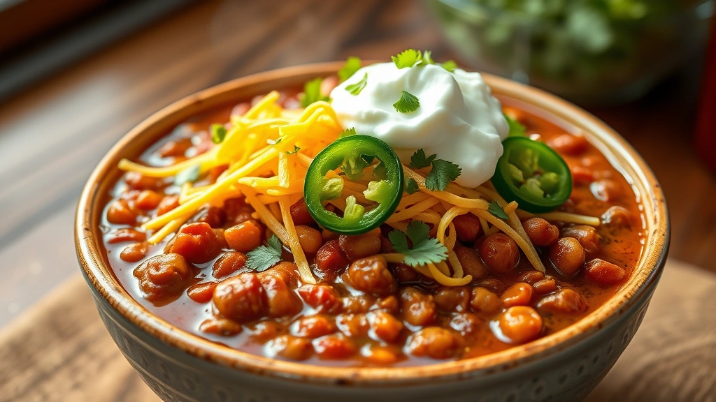 hero: steaming bowl of taco chili topped with shredded cheese, sour cream, fresh cilantro and jalapeños, photorealistic, natural daylight from window, no text
