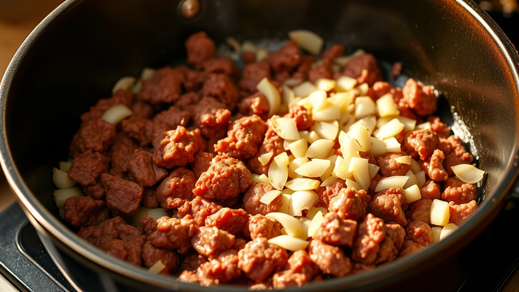 process: ground beef browning in cast iron pot with diced onions and garlic, photorealistic, warm kitchen lighting, no text