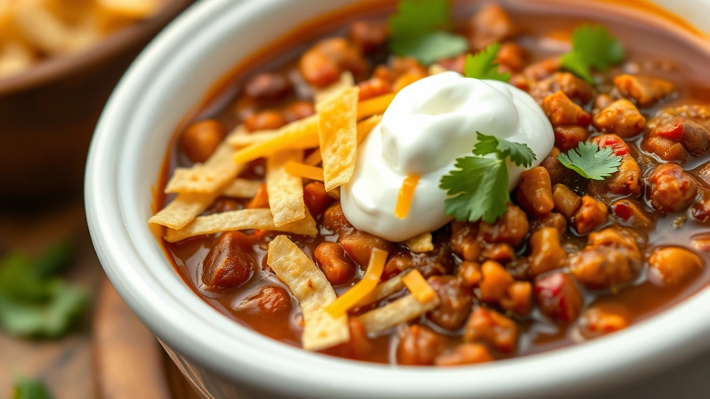 detail: close-up of finished taco chili in white bowl with multiple toppings including cheese, tortilla strips and sour cream, photorealistic, shallow depth of field, no text