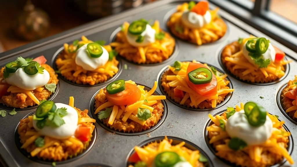 hero: golden crispy taco cupcakes in muffin tin arrangement, topped with melted cheese, sour cream, fresh lettuce and tomatoes, garnished with cilantro and jalapeños, professional food photography, warm natural window light, shallow depth of field, no text or watermarks