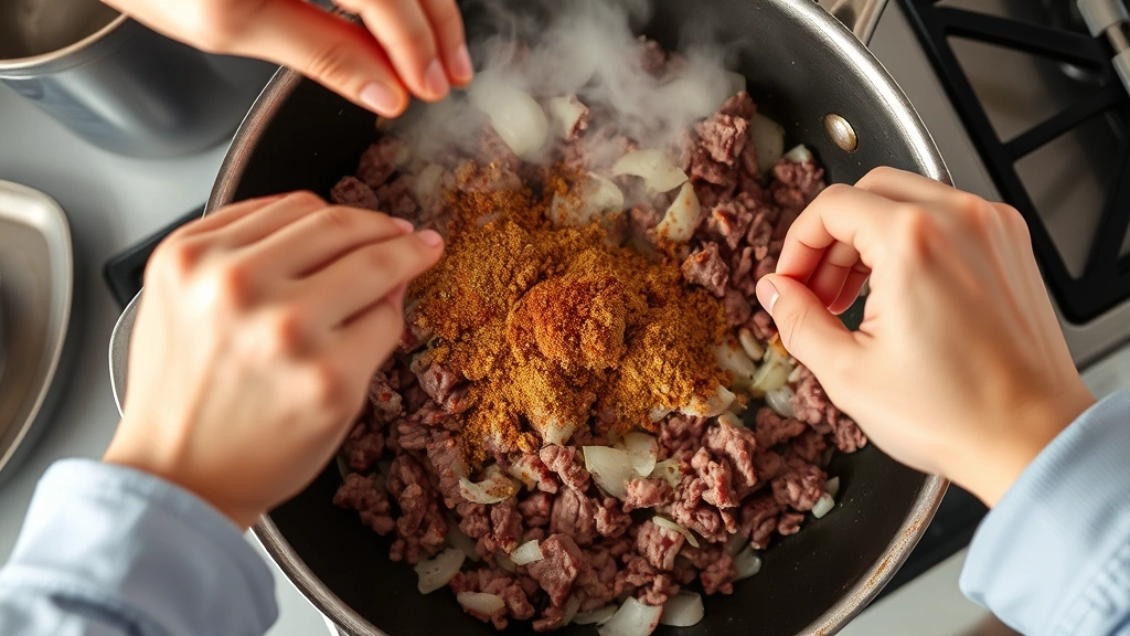 process: hands seasoning ground beef in skillet with taco seasoning, steam rising from pan, fresh onions visible, cooking in progress, overhead angle, natural daylight, professional kitchen setting, no text or watermarks