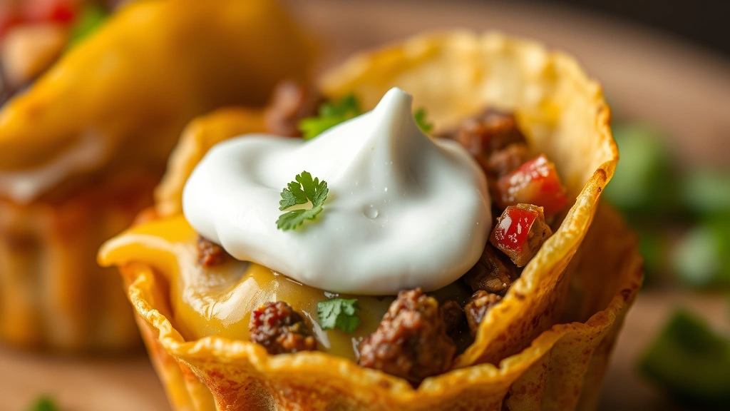 detail: close-up macro shot of single taco cupcake showing layers of crispy tortilla shell, seasoned beef, melted cheese, sour cream dollop, fresh toppings, vibrant colors, natural lighting emphasizing texture, no text or watermarks