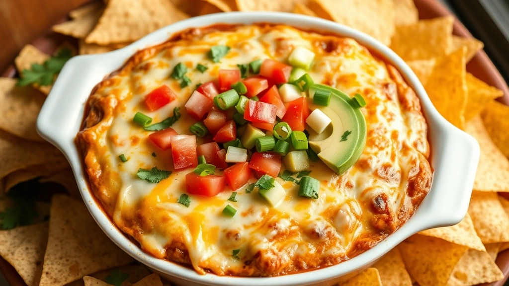 hero: finished taco dip in white ceramic baking dish, melted cheese bubbly, topped with fresh cilantro green onions diced tomatoes and avocado slices, surrounded by tortilla chips, warm natural lighting from above, no text