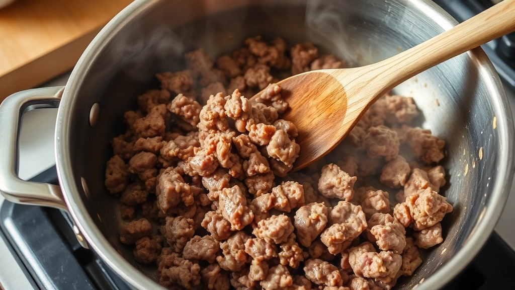 process: ground beef browning in stainless steel skillet, wooden spoon breaking apart meat, steam rising, natural kitchen lighting, no text