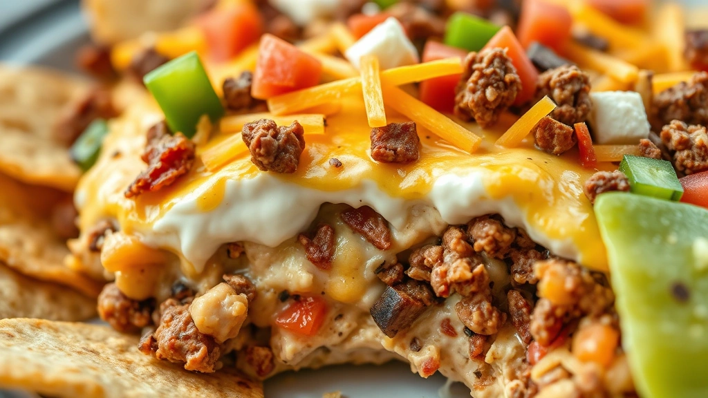detail: close-up cross-section of taco dip showing layers of cream cheese sour cream ground beef cheese and toppings, macro photography, natural soft lighting, no text
