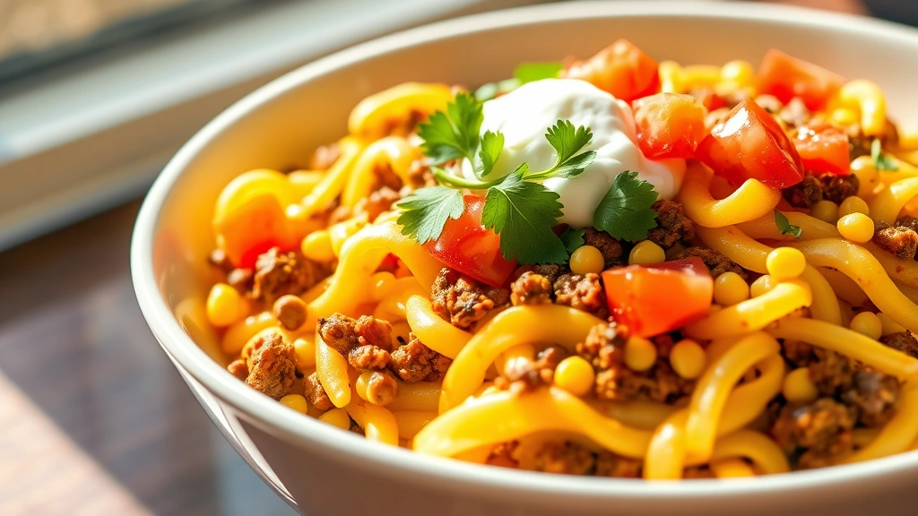 hero: vibrant taco pasta with ground beef, corn, and melted cheese in a white pasta bowl, topped with fresh lettuce, diced tomatoes, sour cream dollop, and cilantro, natural sunlight streaming from left, colorful and appetizing, no text visible