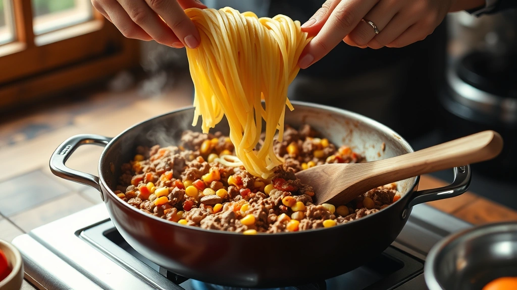 process: skilled hands adding cooked pasta to skillet of seasoned ground beef mixture with corn and tomatoes, steam rising, wooden spoon stirring, rustic kitchen setting, natural window light, action shot