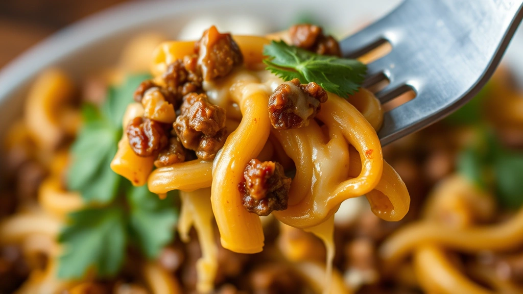 detail: close-up macro shot of forkful of taco pasta with cheese melting, ground beef, pasta, fresh cilantro leaf visible, creamy sour cream, sharp focus on texture and colors, warm natural lighting