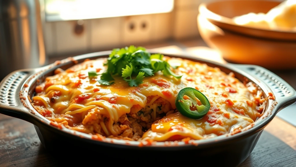 hero: golden-brown taco pie in baking dish, melted cheese visible, fresh cilantro and jalapeño garnish on top, warm natural sunlight, rustic kitchen background, no text