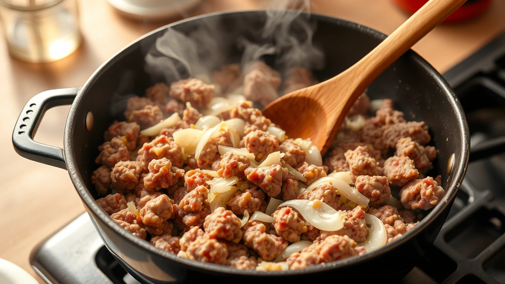 process: ground beef sizzling in skillet with onions and garlic, steam rising, warm kitchen lighting, wooden spoon stirring, no text
