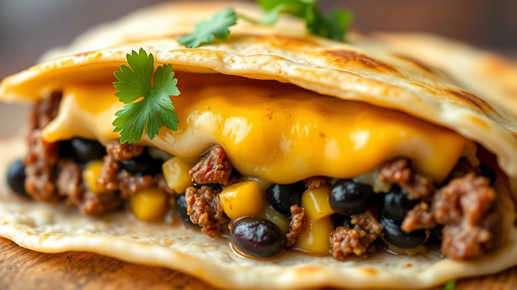 detail: close-up cross-section of taco pie showing layers of tortilla, seasoned beef, black beans, corn, and melted cheese, fresh cilantro garnish, shallow depth of field, natural light, no text