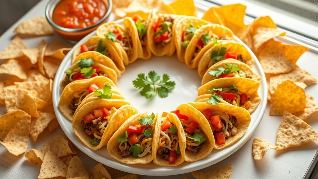 hero: fully assembled taco ring on white plate with colorful toppings arranged in sections, cheese melted, fresh cilantro garnish, surrounded by tortilla chips and salsa, bright natural window light, flat lay composition