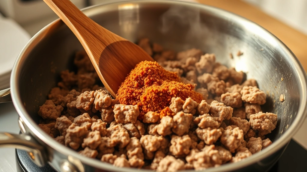 process: ground beef cooking in stainless steel skillet with wooden spoon, browned meat with taco seasoning being stirred, steam rising, warm kitchen lighting, close angled shot