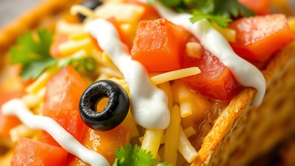 detail: close-up macro shot of taco ring slice with melted cheese, fresh lettuce, diced tomatoes, black olives, sour cream drizzle, and cilantro visible, natural daylight, shallow depth of field