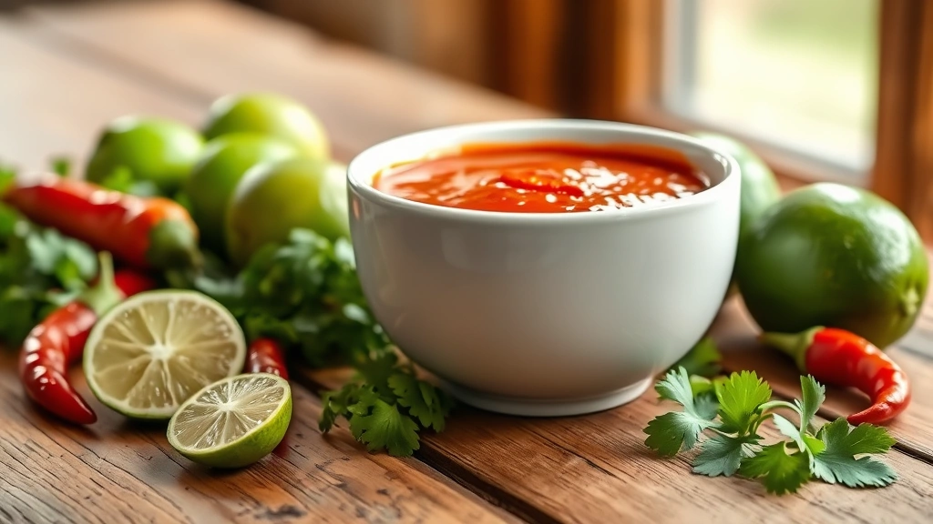 hero: vibrant red homemade taco sauce in a white ceramic bowl, surrounded by fresh limes, cilantro, and chili peppers on a rustic wooden table, photorealistic, natural window light, no text
