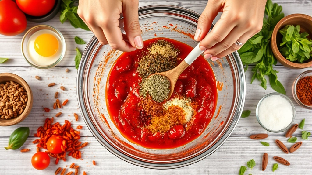 process: hands mixing tomato sauce and spices together in a glass mixing bowl with a wooden spoon, ingredients scattered around, photorealistic, bright natural light, no text