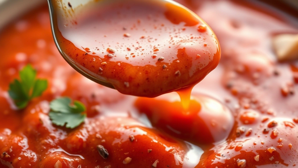 detail: close-up of creamy red taco sauce with visible spices and garlic, spoon dripping sauce, photorealistic, warm natural lighting, no text