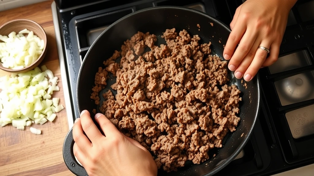 process: hands browning ground beef in cast iron skillet on stovetop, diced onions nearby, natural kitchen light, no text