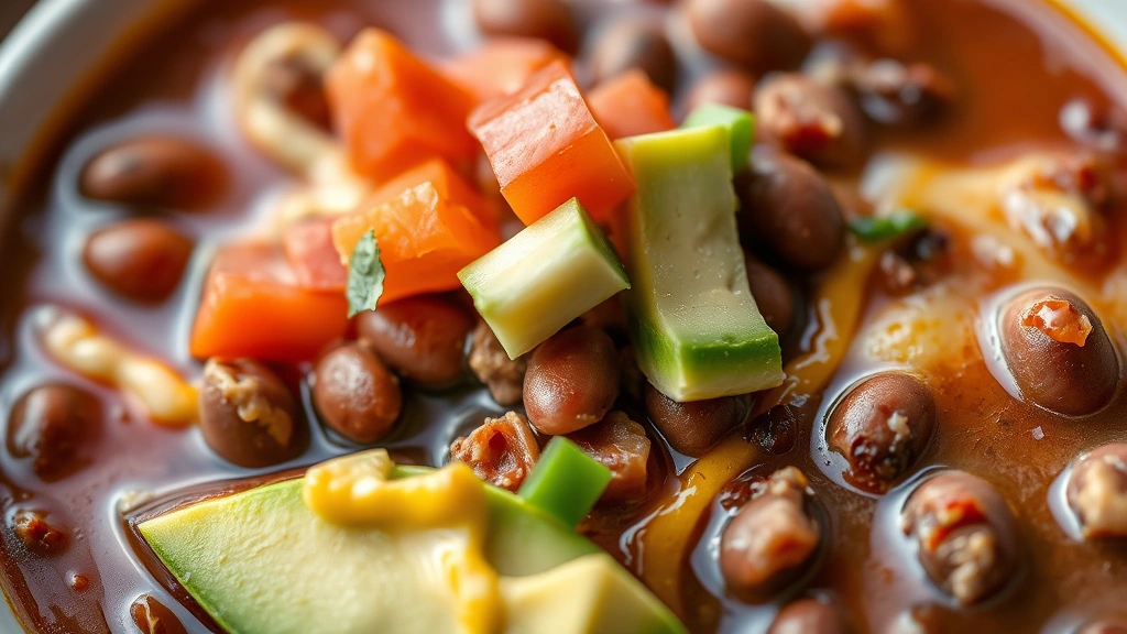 detail: close-up of taco soup with toppings, showing layers of beans, beef, tomatoes, melted cheese and fresh avocado, shallow depth of field, no text