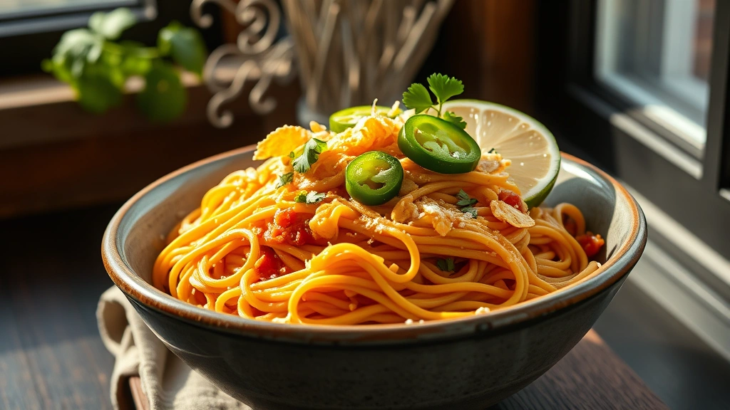 hero: steaming bowl of taco spaghetti with melted cheddar cheese, fresh cilantro, jalapeños, crushed tortilla chips, and lime wedge, photorealistic, natural window light, no text, food photography