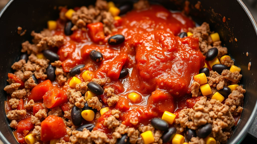 process: skillet with browned ground beef mixed with vibrant red tomato sauce, black beans, and corn, photorealistic, natural kitchen light, no text, cooking action shot