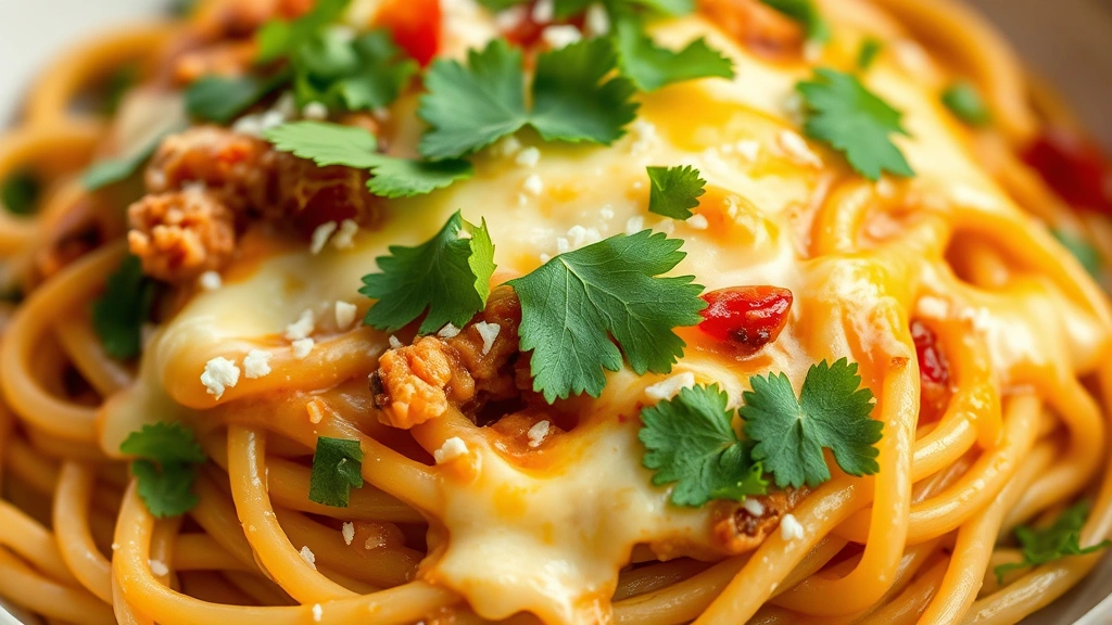 detail: close-up of creamy taco spaghetti with melted cheese, cilantro garnish, and toppings, photorealistic, natural light, shallow depth of field, no text, macro food photography