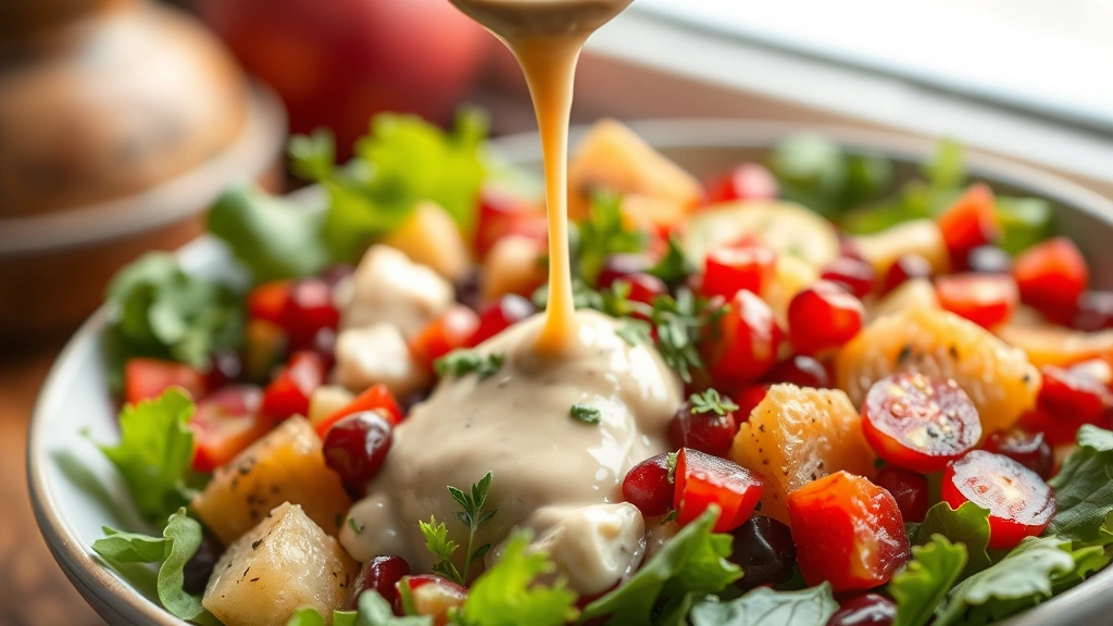 hero: creamy tahini dressing drizzled over a colorful Mediterranean salad with fresh vegetables, pomegranate seeds, and herbs, photorealistic, natural window light, shallow depth of field, no text