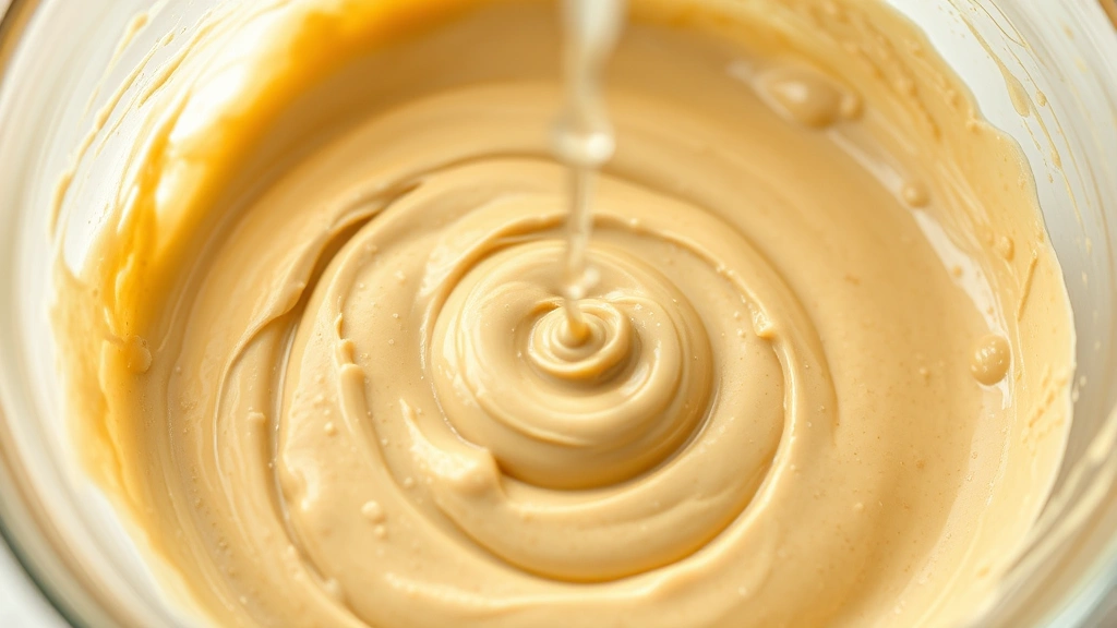 process: close-up of tahini mixture transforming from thick paste to creamy emulsion as warm water is stirred in, photorealistic, bright kitchen lighting, action shot, no text