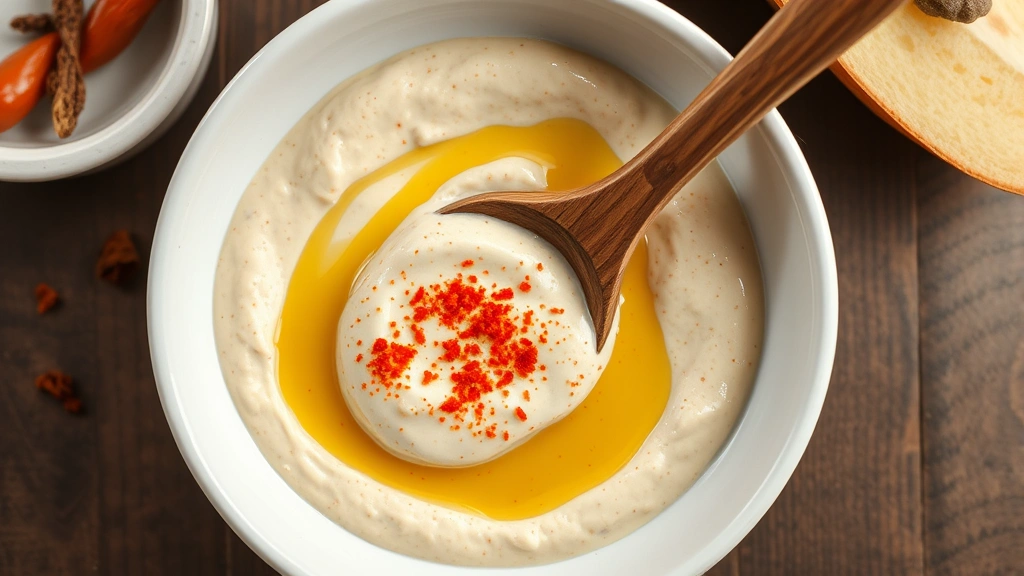 detail: overhead shot of finished tahini dressing in a white bowl with a wooden spoon, drizzled with olive oil and sprinkled with paprika, photorealistic, natural light, no text