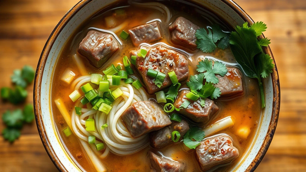 hero: steaming bowl of Taiwanese beef noodle soup with tender beef chunks, fresh scallions, cilantro garnish, and chili oil drizzle, photorealistic, natural warm lighting, overhead angle, no text