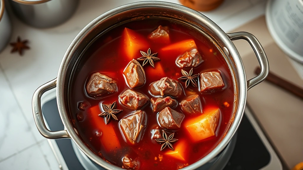 process: large pot of braising beef in aromatic red broth with star anise and spices visible, photorealistic, natural kitchen lighting, side angle, no text