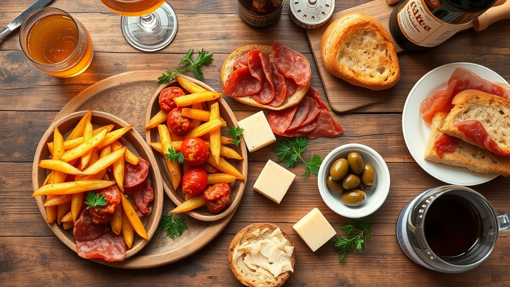 hero: beautiful overhead spread of Spanish tapas on rustic wooden table with patatas bravas, chorizo, jamón ibérico, manchego cheese, pan con tomate, marinated olives, fresh herbs, Spanish wine bottle and glasses, natural window light, warm golden hour lighting, no text or watermarks