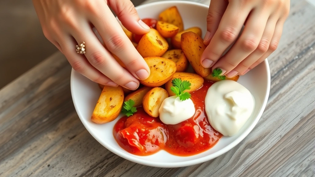 process: hands arranging golden crispy potatoes on white plate with red bravas sauce and white aioli dollop, fresh parsley garnish, close action shot with shallow depth of field, natural daylight, no text